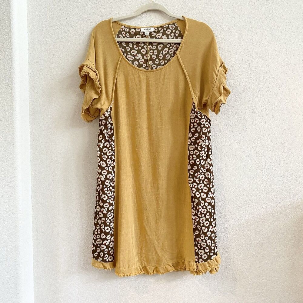 UMGEE USA Womens Dress Tunic Linen Cotton Gold‎ Brown Red Oversized Size S